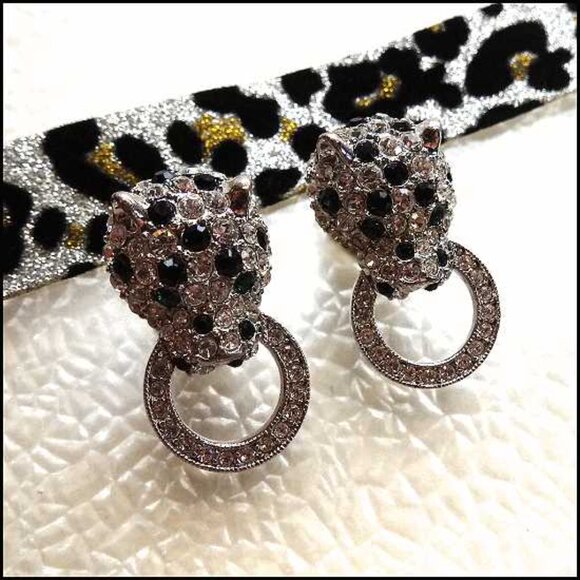 1980s Signed KJL Earrings Crystal Panthers Door Knocker Hoops  16132 - Picture 3 of 7